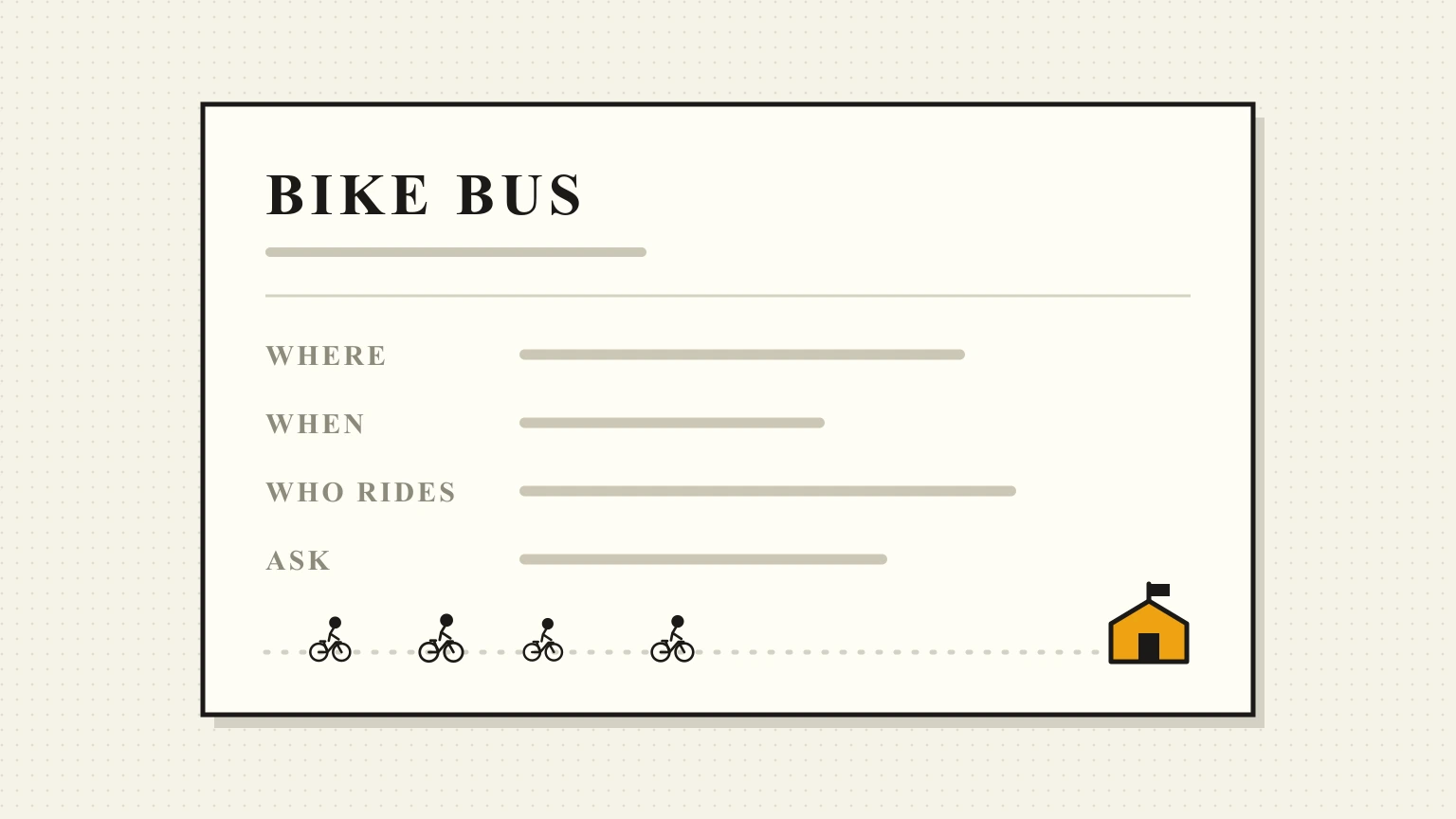 A drawn bike bus announcement headed BIKE BUS with four filled-in lines labeled where, when, who rides and ask, and a dotted route below them carrying four riders toward a school